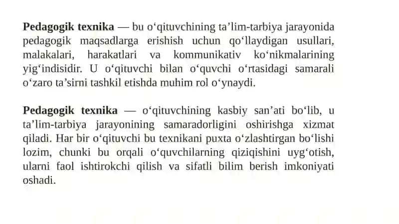 Pedagogik texnika haqida tushuncha. Pedagogik texnikani shakllantirish metodikasi. Nutq texnikasi va madaniyati 4