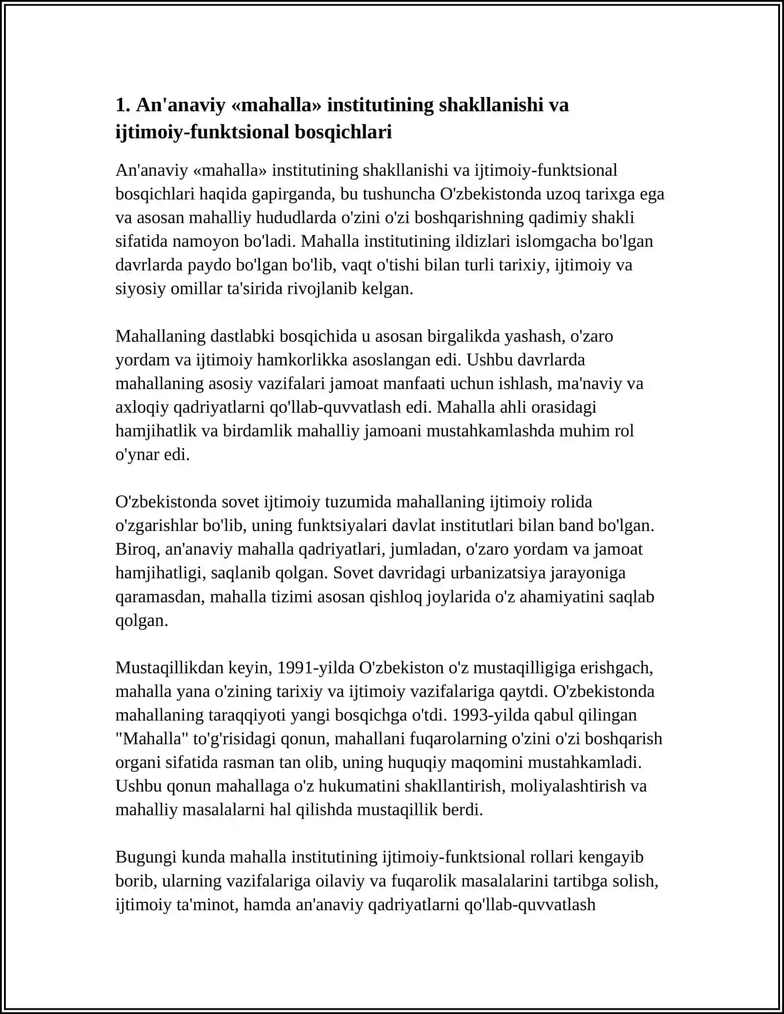 MUSTAQIL ISH MAVZUSI: OZBEKISTONDA FUQAROLARNING O'ZINI O'ZI BOSHQARISH INSTITUTINING TARIXIY-HUQUQIY RIVOJLANISHI 4