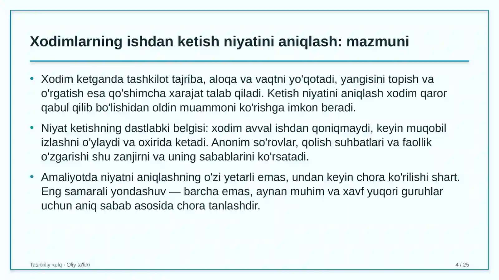 Dilerlik tarmoqlarida xodimlarning ishdan ketish niyatini aniqlash 4