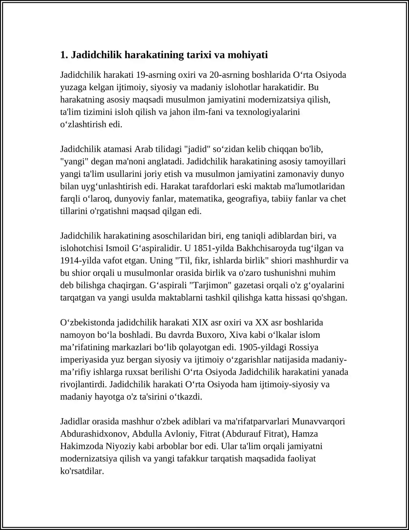 JADID MA'RIFATPARVARLARINING OʻLKA IJTIMOIY MAʼNAVIY HAYOTIDA TUTGAN OʻRNI(MUNAVVAR QORI, FITRAT, BEHBUDIY, AVLONIY VA BOSHQALAR) 4
