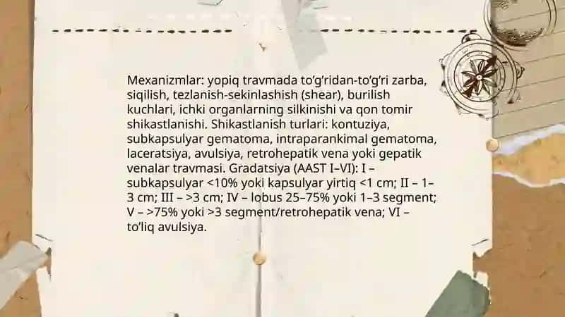 Bolalarda qorin bo’shlig’i va qorin parda orti bo’shlig’i azolaring yopiq shikastlanishlari.(Jigar, taloq, buyrak va meda-ichak tizimi jarohatlari) Etiopatogenez klinika diagnostika va zamonaviy davolaah usullari 4