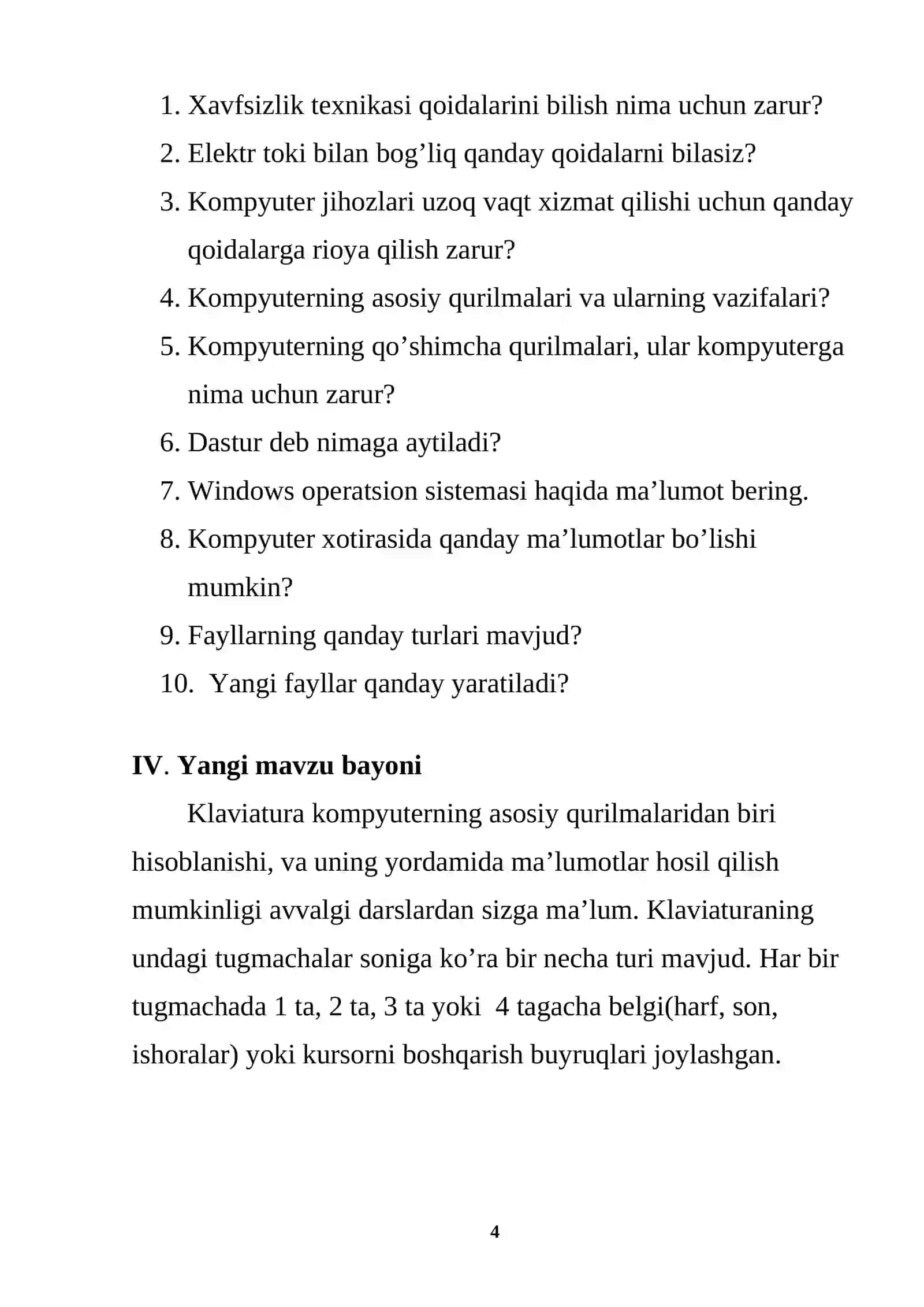 Informatika fanidan 1-soatlik DARS ISHLANMASI 4