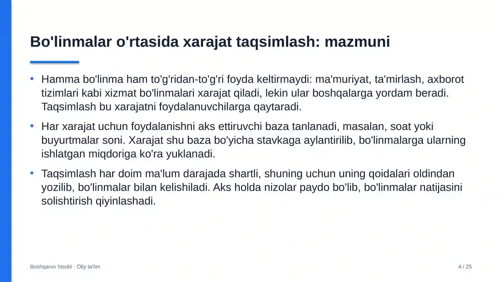 Dukkakli ekinlar yetishtirishda bo'linmalar o'rtasida xarajatlarni taqsimlash 4