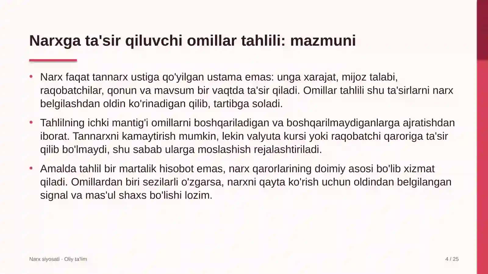 Narx siyosati · Oliy ta'lim 4