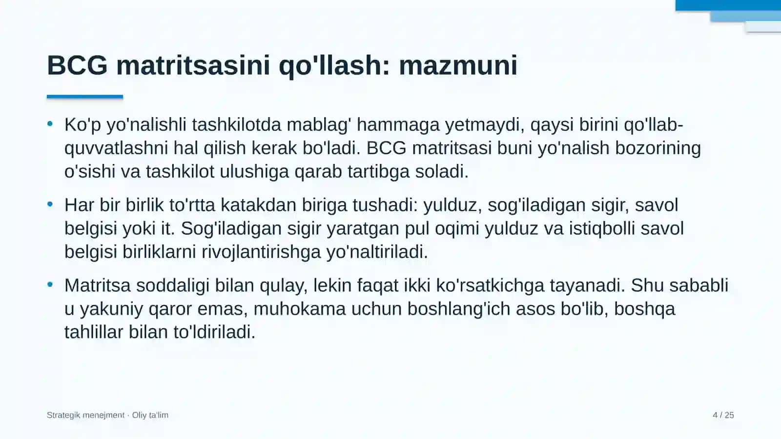 Gaz ta'minoti korxonalarida BCG matritsasini qo'llash 4