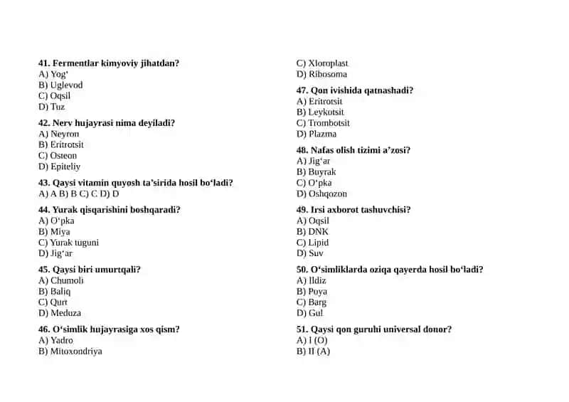 DTM formatida 60 ta test (30 ta KIMYO + 30 ta BIOLOGIYA) 4