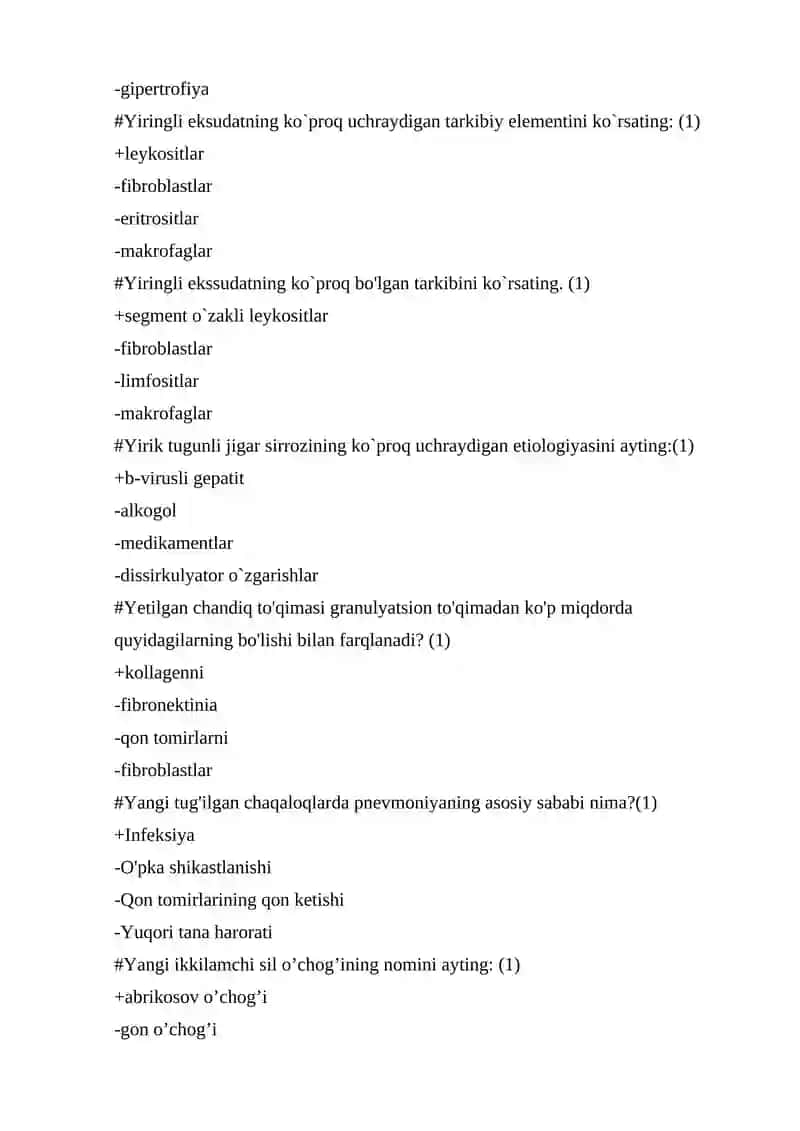 Patologik anatomiya fanidan 500 talik test, javoblari bilan 4