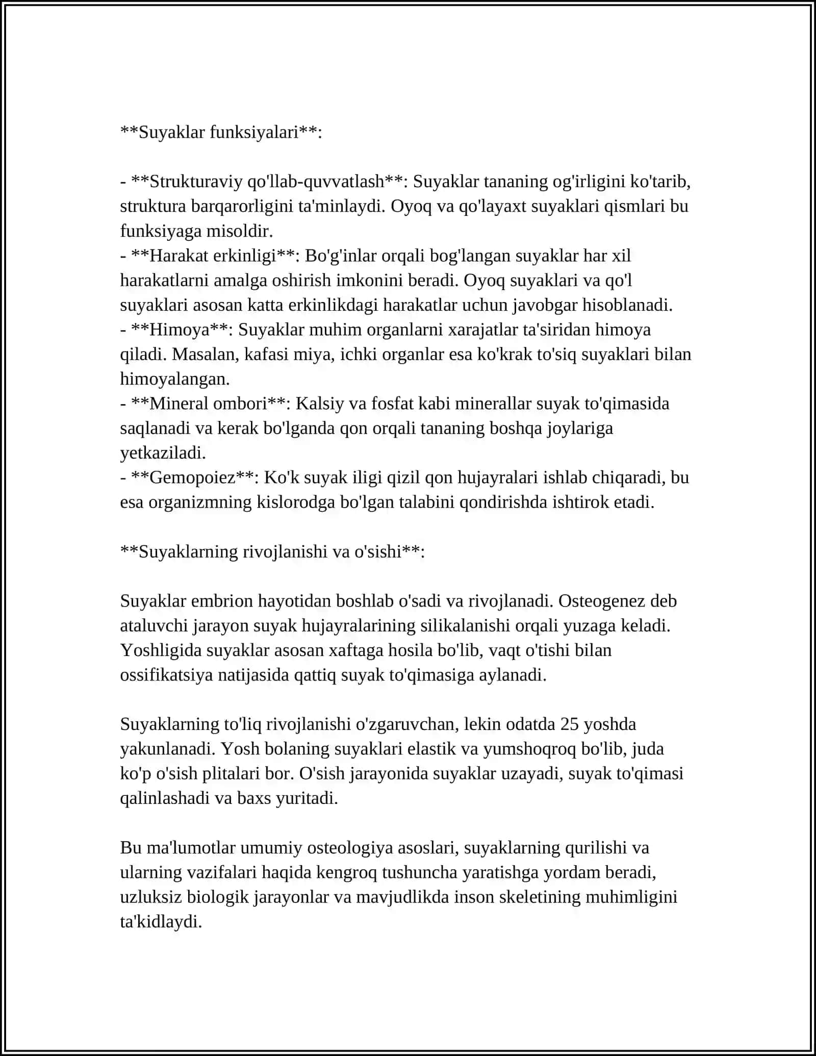 NULLUMUMIY OSTEOLOGIYA. SKELET HAQIDA UMUMIY TUSHUNCHA. SATXLAR HAQIDA TUSHUNCHA. BOSHLANG’ICH TERMINOLOGIYA. SUYAKLARNING TUZILISHI. BO‘YIN, KO‘KRAK, BEL VA DUMG‘AZA UMURTQALARI, ULARNING YOSHGA DOIR XUSUSIYATLARI 4
