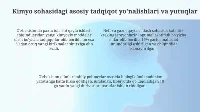 Kimyo fanini rivojlantirishida oʻz hissalarini qoʻshgan Oʻzbekiston respublikasi olimlari 4