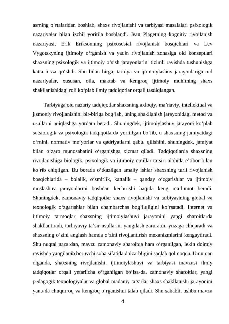 Shaxsning rivojlanishi, ijtimoiylashuvi va tarbiyasi (KURS ISHI) 4
