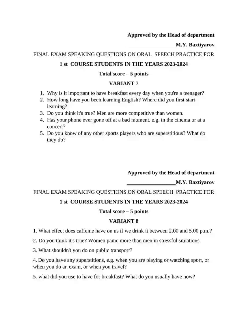 FINAL EXAM SPEAKING QUESTIONS ON ORAL SPEECH PRACTICE 4