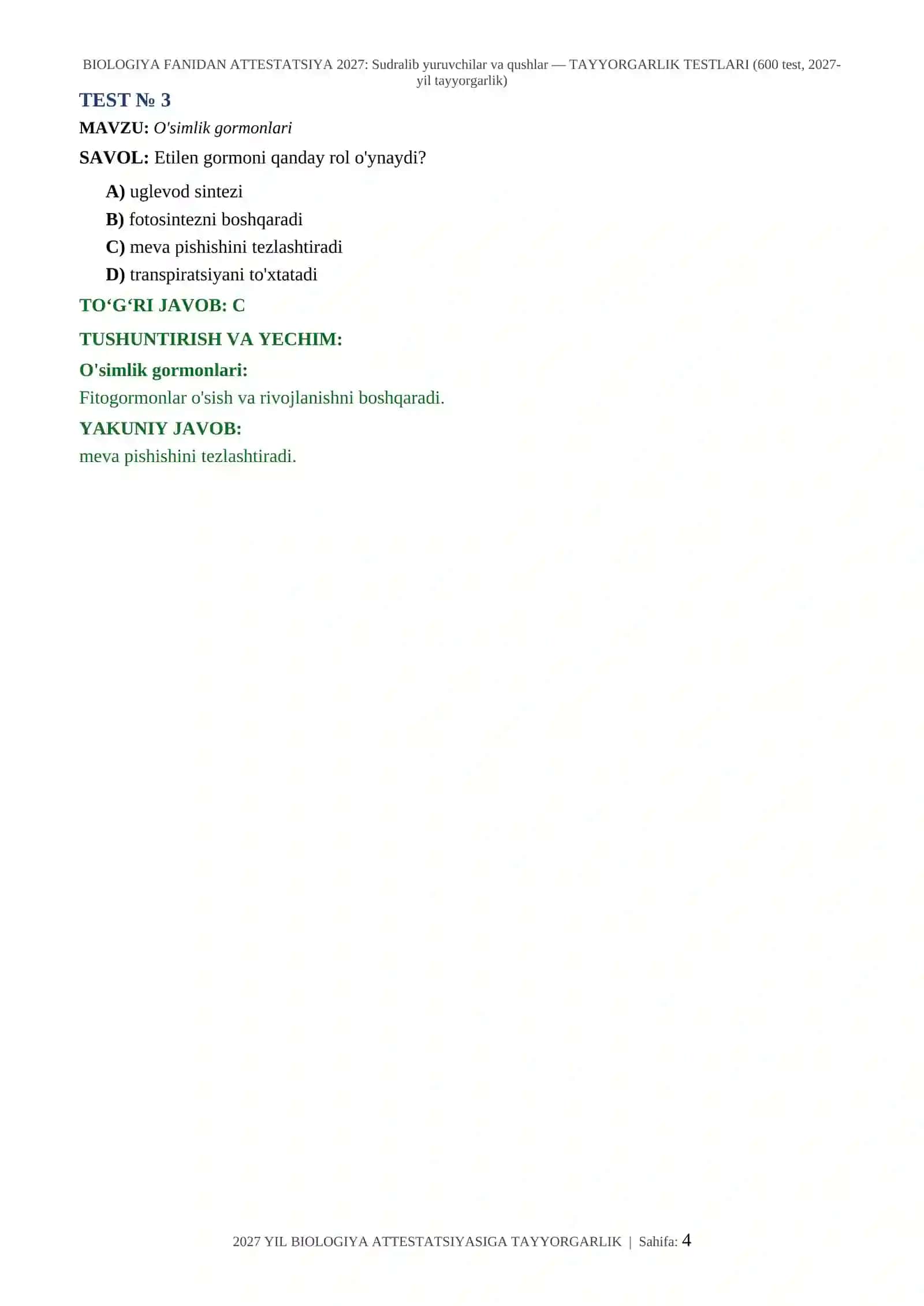 BIOLOGIYA FANIDAN ATTESTATSIYA 2027: Sudralib yuruvchilar va qushlar — TAYYORGARLIK TESTLARI (600 test, 2027-yil tayyorgarlik) 4