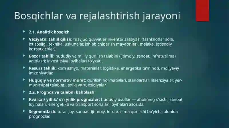 Qurilish ishlab chiqarishini va qurilish-montaj tashkilotlarining quvvatlarini rivojlantirishni rejalashtirish 4