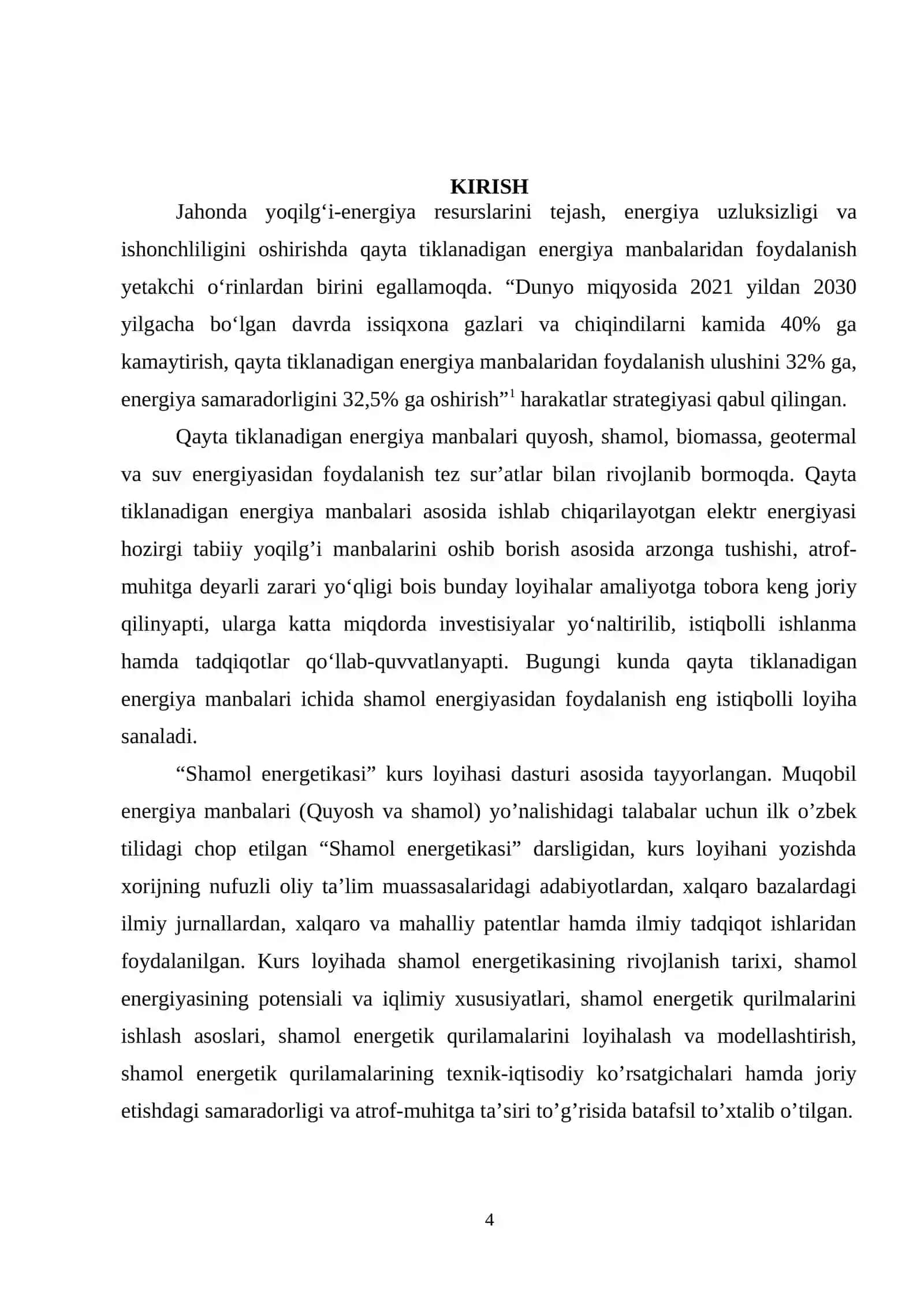 SHAMOL ENERGETIKASI FANIDAN KURS LOYIHASI BAJARISH UCHUN USLUBIY KO‘RSATMA 4