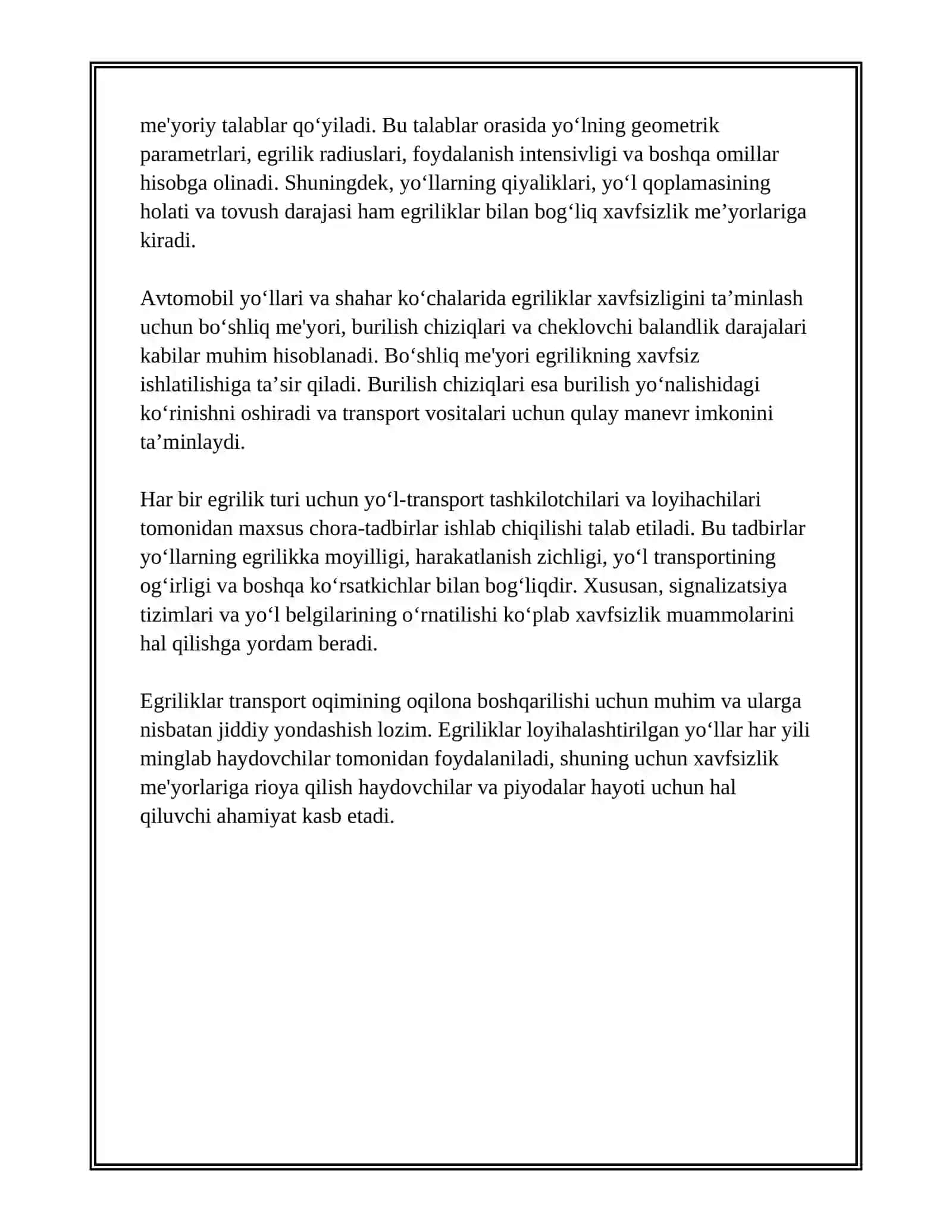 AVTOMOBIL YOLLARI VA SHAHAR KOCHALARINI EGRILIKLARIGA HARAKAT XAVSIZLIGI BOYICHA QOYILGAN MEYORIY TALABLARNI ORGANISH 4