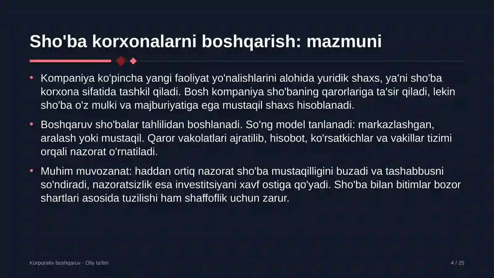 Chakana savdoda sho'ba korxonalarni boshqarish 4