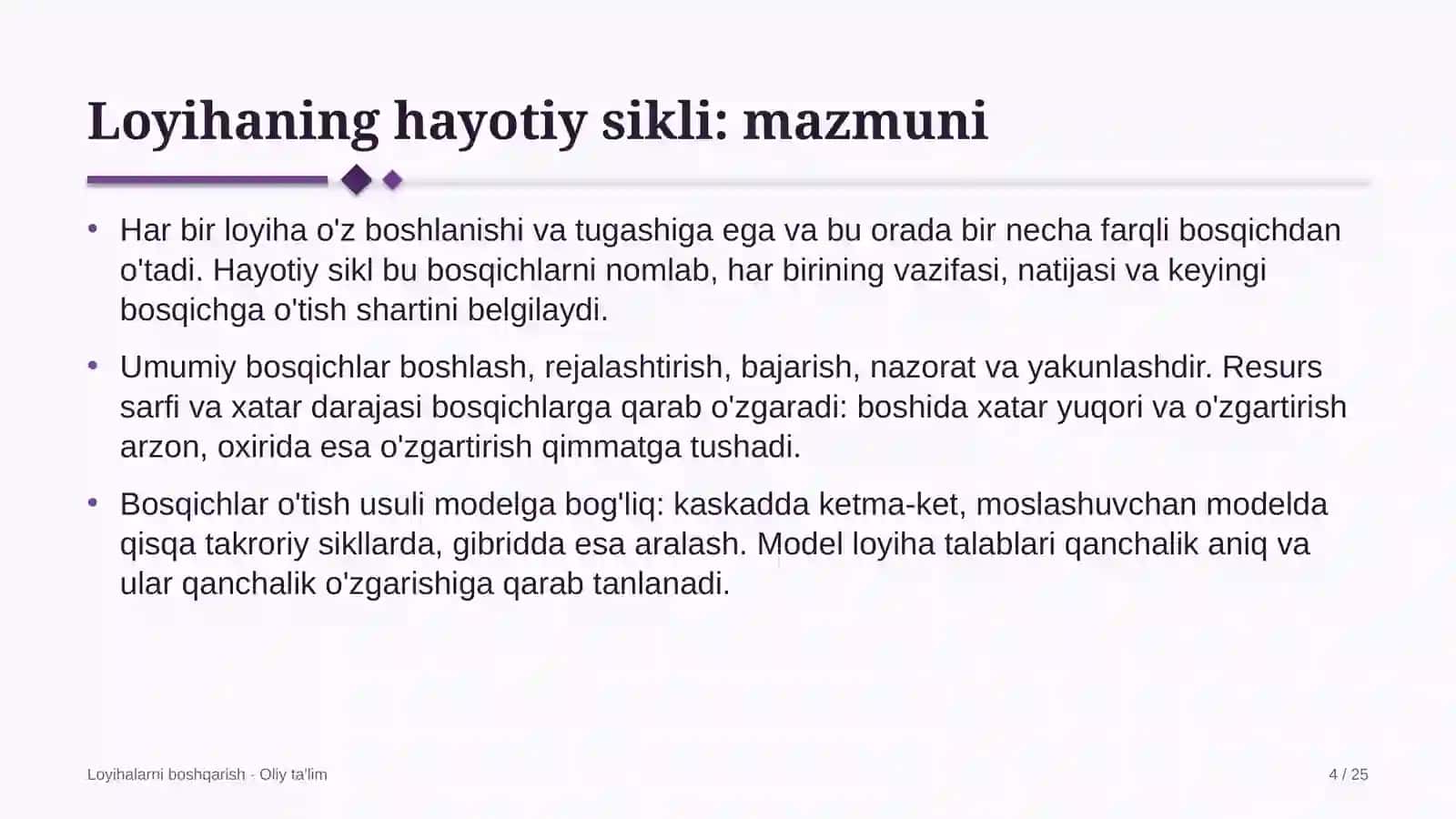 Loyihalarni boshqarish · Oliy ta'lim 4
