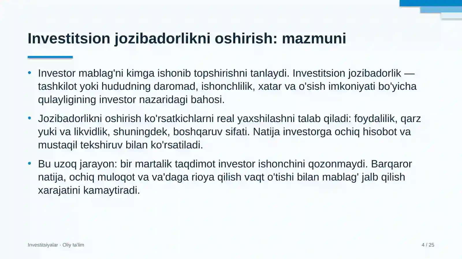 Investitsiyalar · Oliy Ta'limgi 4