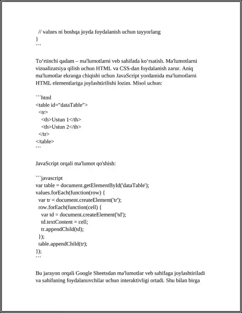 GOOGLE SHEETS DA VEB SAHIFALAR YARATISH 4