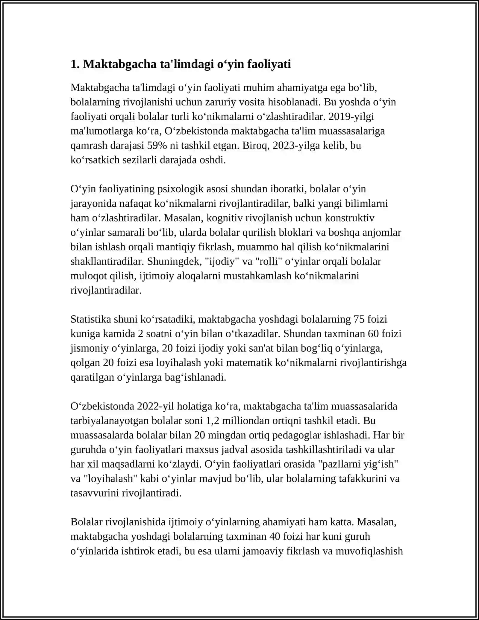 15- MAKTABGACHA TA’LIM TASHKILOTLARIDA MASHG’ULOT (FAOLIYAT) TURLARI MASHG’ULOTNING BOLALARNI MAKTABGA TAYYORLASHDAGI AHAMIYATI. MASHG’ULOT JADVALI TUZISH TALABLARI. MASHG’ULOTDA TARBIYACHINING YETAKCHILIK ROLI 4