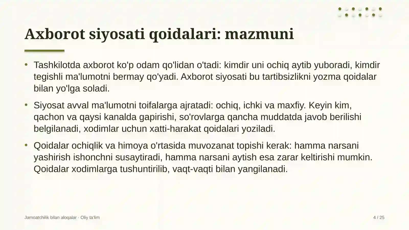 Dilerlik tarmoqlarida axborot siyosati qoidalarini ishlab chiqish 4