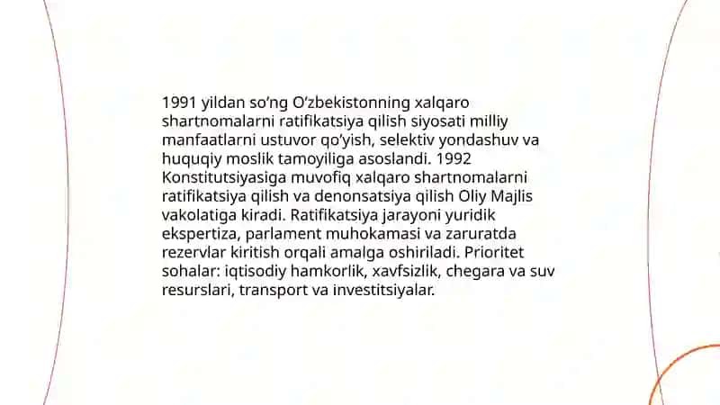 Xalqaro shartnomalarning Oʻzbekiston tashqi siyosatidagi tutgan oʻrni 4