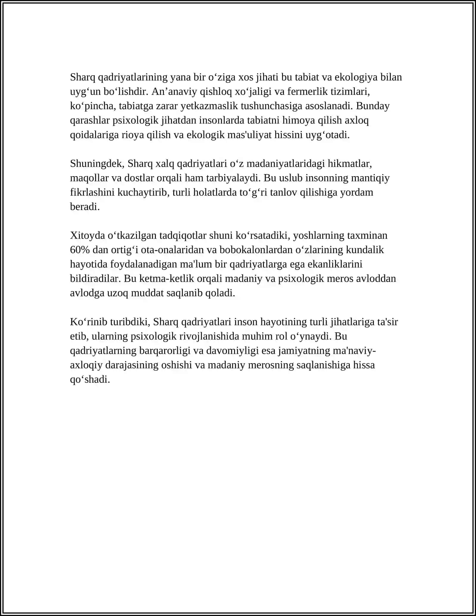 OILAVIY HAYOT MASALALARIDA SHARQ QADRIYATLARINIG PSIXALOGIK TA’SIRINI TADQIQ ETISH 4