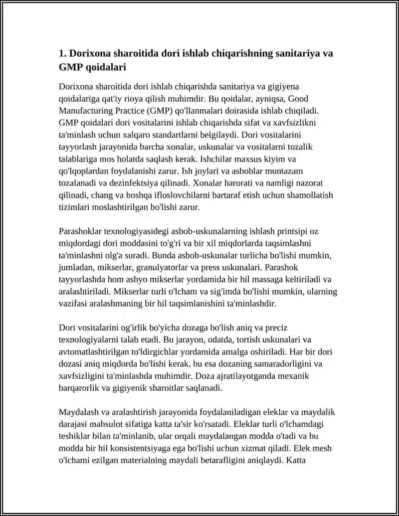 DORIXONA SHAROITIDA DORI ISHLAB CHIQARISH QOIDALARI. PARASHOKLAR TEXNOLOGIYASIDA QOLLANILADIGAN ASBOB USKUNALAR ISHLASH PRINSIPI. DORILARNI OG'IRLIK BO'YICHA DOZALARGA BO'LISH. MAYDALASH VA ARALASHTIRISH ASBOBI ELELAKLAR VA MAYDALIK DARAJASI. HOVONCHA O'LCHAMLARINING MAYDALASH JARAYONIGA TASIRI 4
