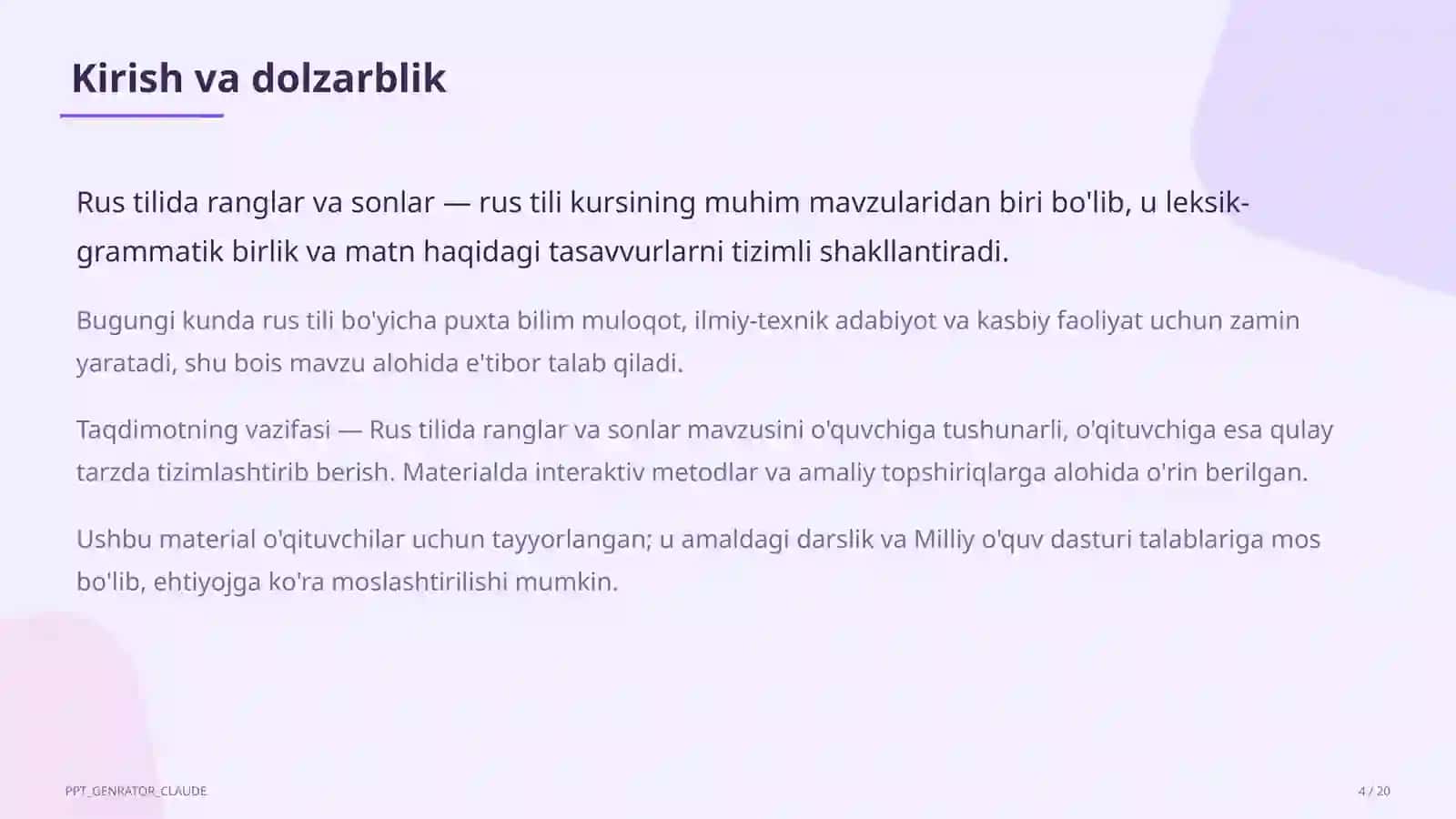Rus tilida ranglar va sonlar (2-sinf) 4