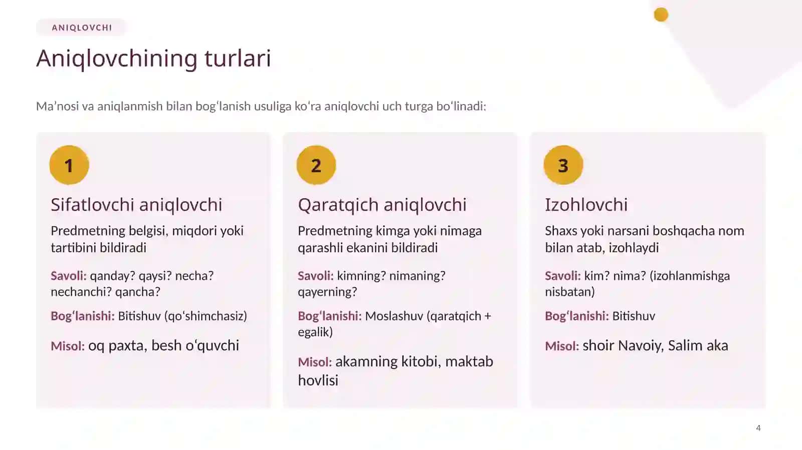 Aniqlovchi va uning ifodalanishi 4