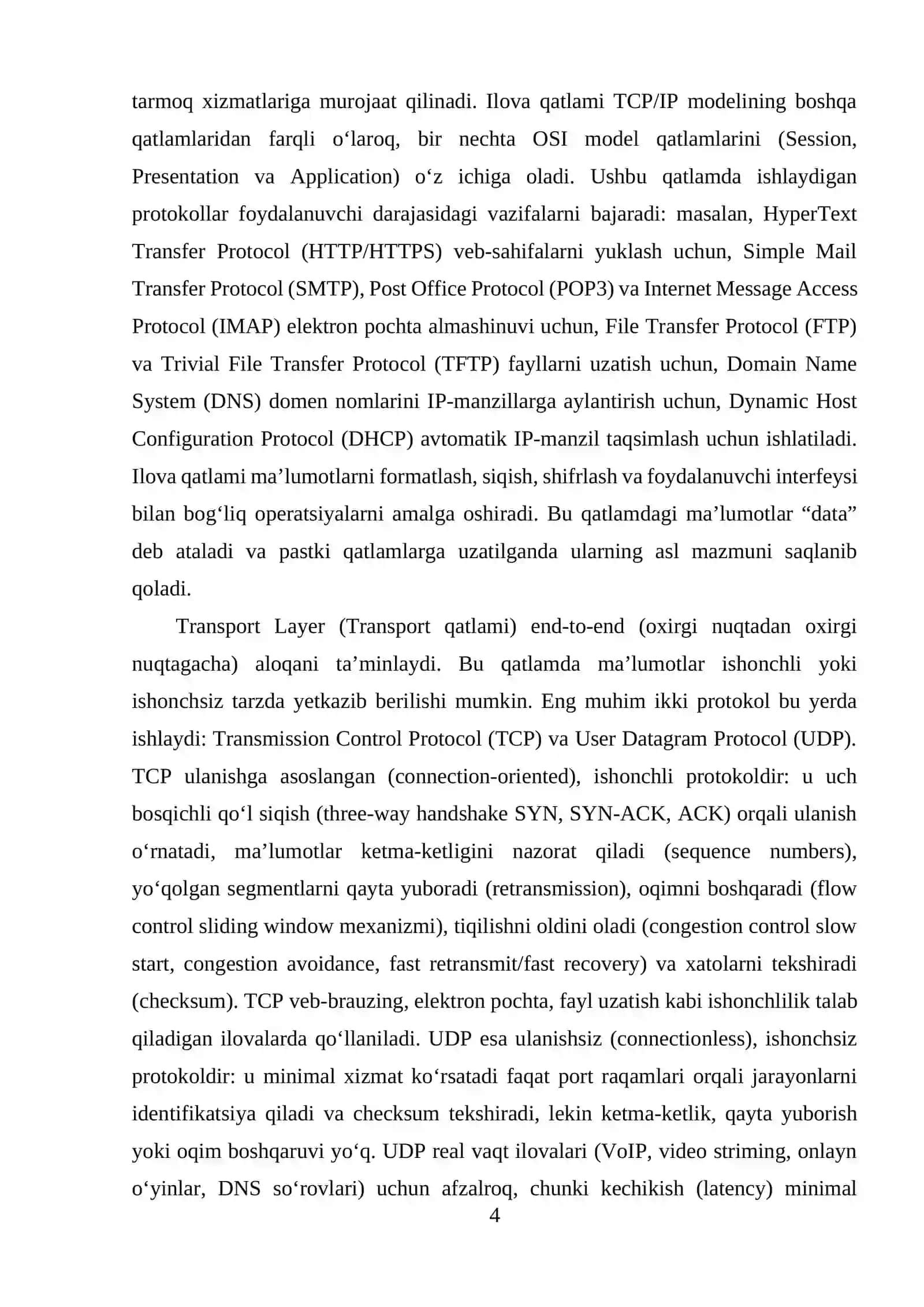 TCP/IP pog’onalarning o’zaro bog’lanishi va xizmatlari 4