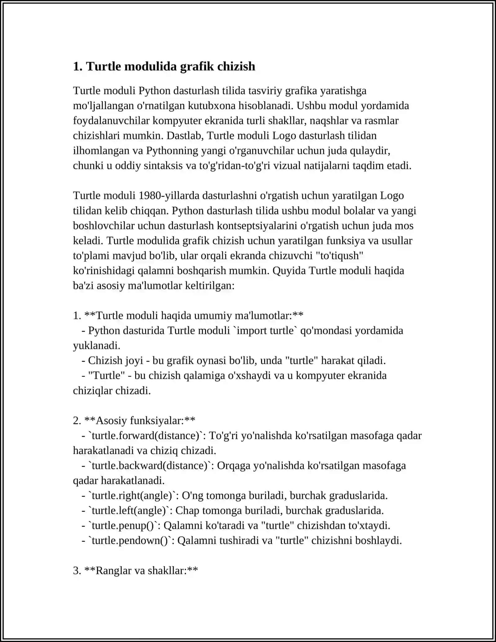 TURTLE MODULI BILAN ISHLASH VA DASTURLAR YOZISH 4