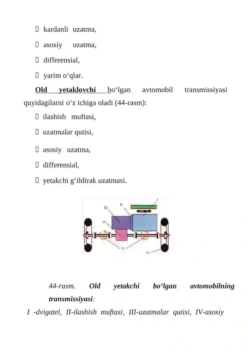 AVTOMOBILLARNING TRANSMISSIYASIGA TEXNIK XIZMAT KO’RSATISH VA TA’MIRLASH TEXNOLOGIYASI 4