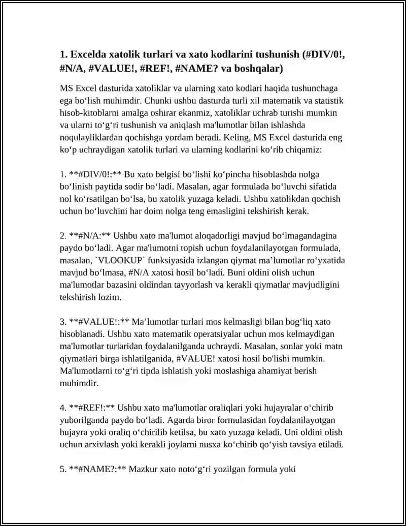 MS EXCEL DASTURIDA XATOLIK BILAN ISHLASH 4