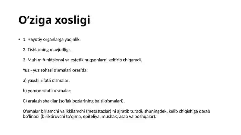 Yuz-jag‘ sohasi yumshoq to‘qimalari xavfsiz o‘smalari va o‘smasimon hosilalari (fibroma, fibramatoz, epulis, lipoma, gemangioma, limfangioma) 4
