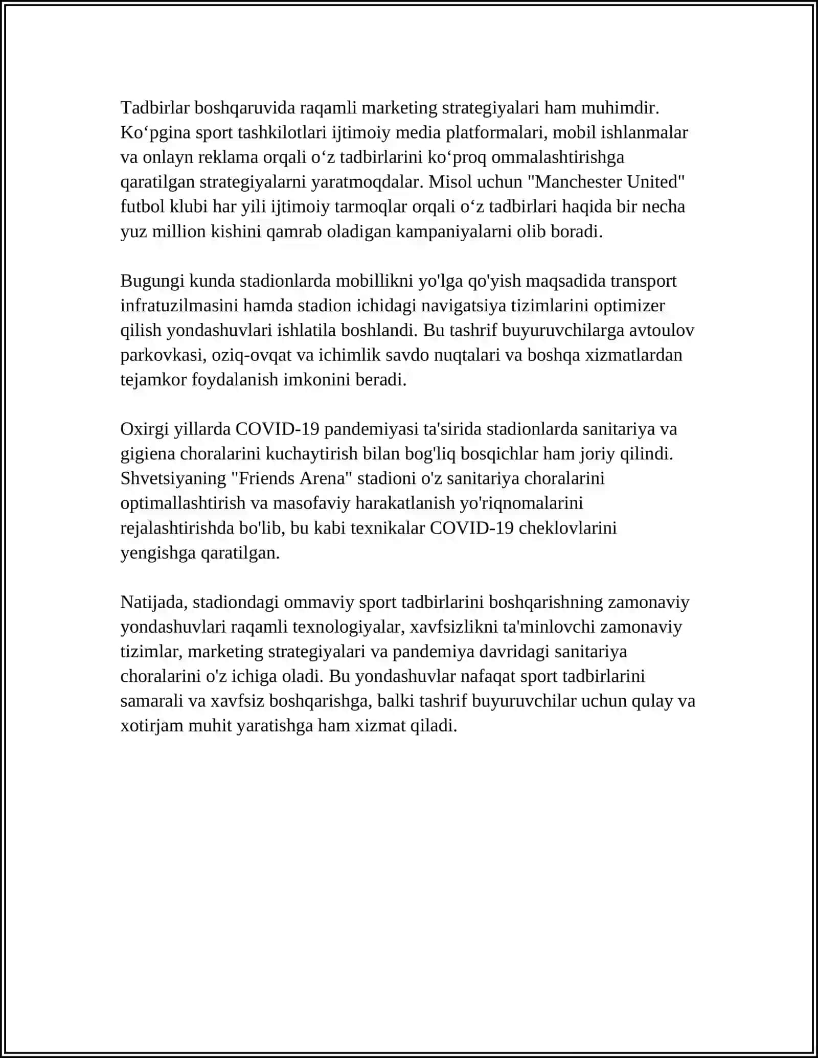STADIONDAGI OMMAVIY SPORT VA BADIIY CHIQISHLARINI BOSHQARISH XUSUSIYATLARI 4