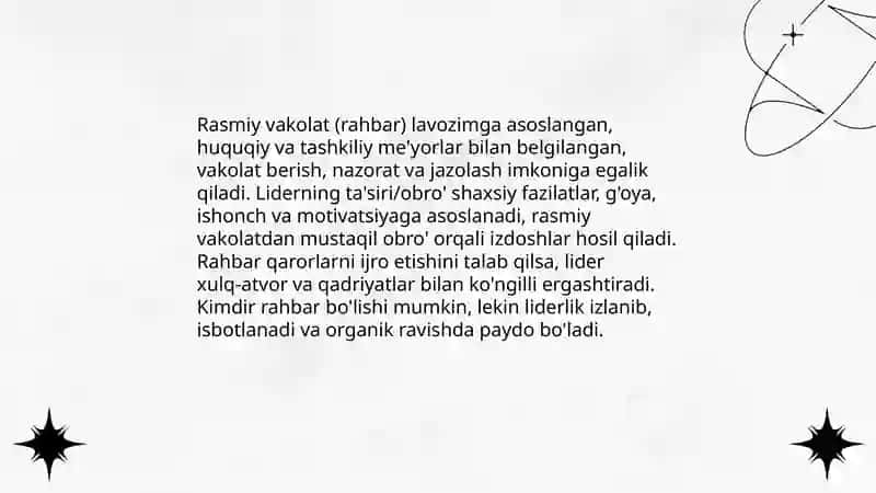 Rahbar va lider tushunchalari oʻrtasidagi mushtarak va farqli jihatlar 4