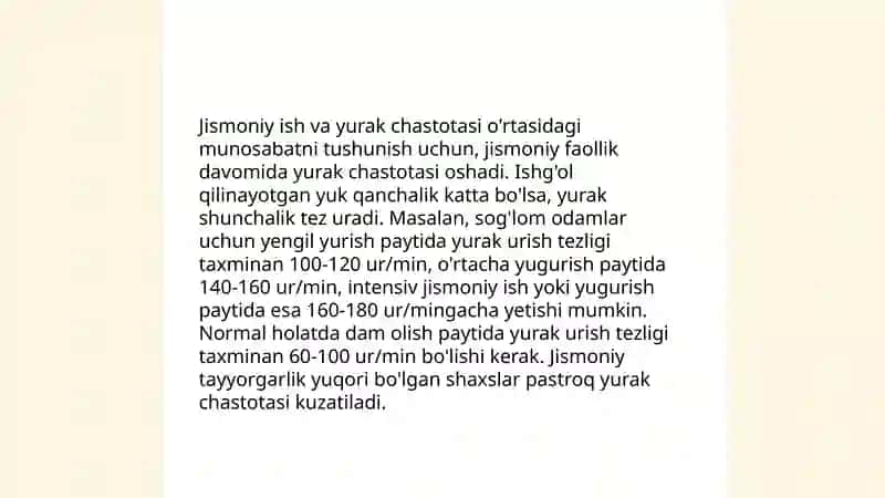 Turli yoshdagi bolalarda me'yorda va jismoniy ishdan keyingi yurak chastotasi aniqlanib, yurakning sistolik va minutlik hajmini aniqlash. 4