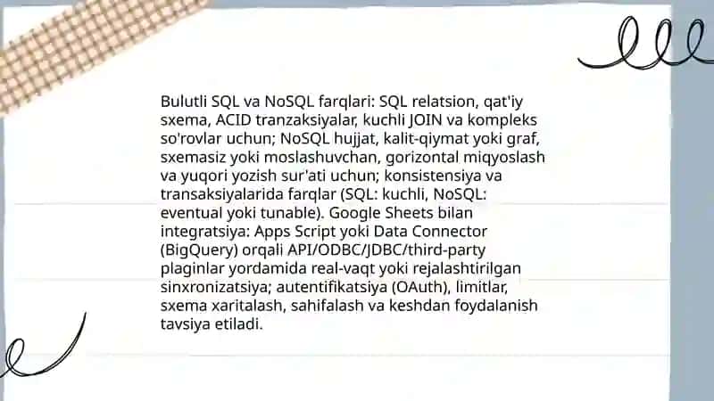 Bulutli ma’lumotlar bazasi va Google Sheets 4