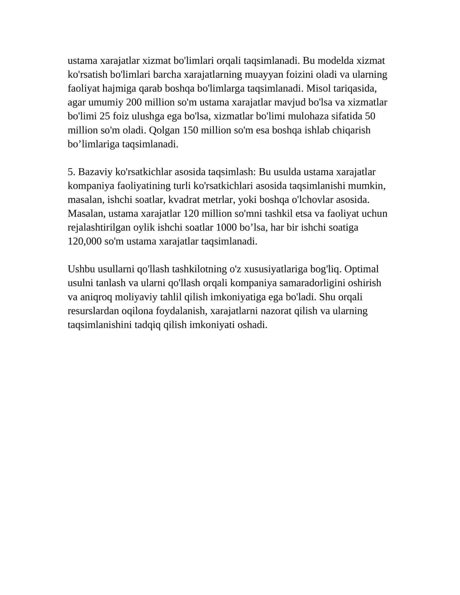 USTAMA XARAJATLARINI TAQSIMLASH USULLARI 4