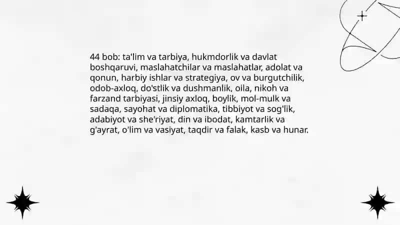 Kaykovus "Qobusnoma" asarini oʻqib,tahlil qilish. 4