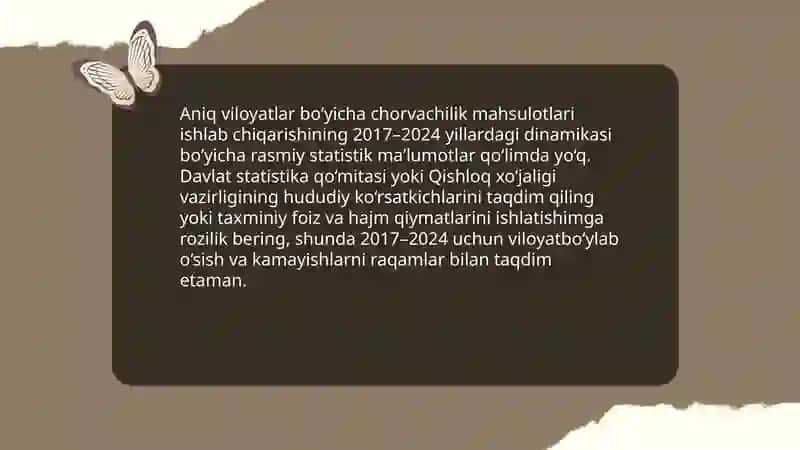Oʻzbekistonda chorvachilik mahsulotlari umumiy hajmining 2017-2024 yillarda oʻsishi va dinamikasi tahlili 4