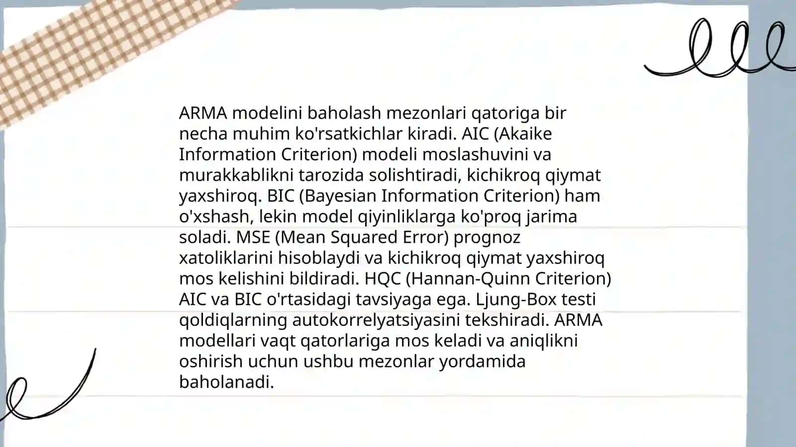 ARMA modelini tanlash va uni baholash 4