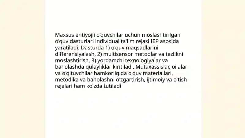 Ta'limiy tashkilotlarda alohida yordamga muhtoj bolalarni ta'lim olishini qo'llab quvvatlash texnologiyalari 4