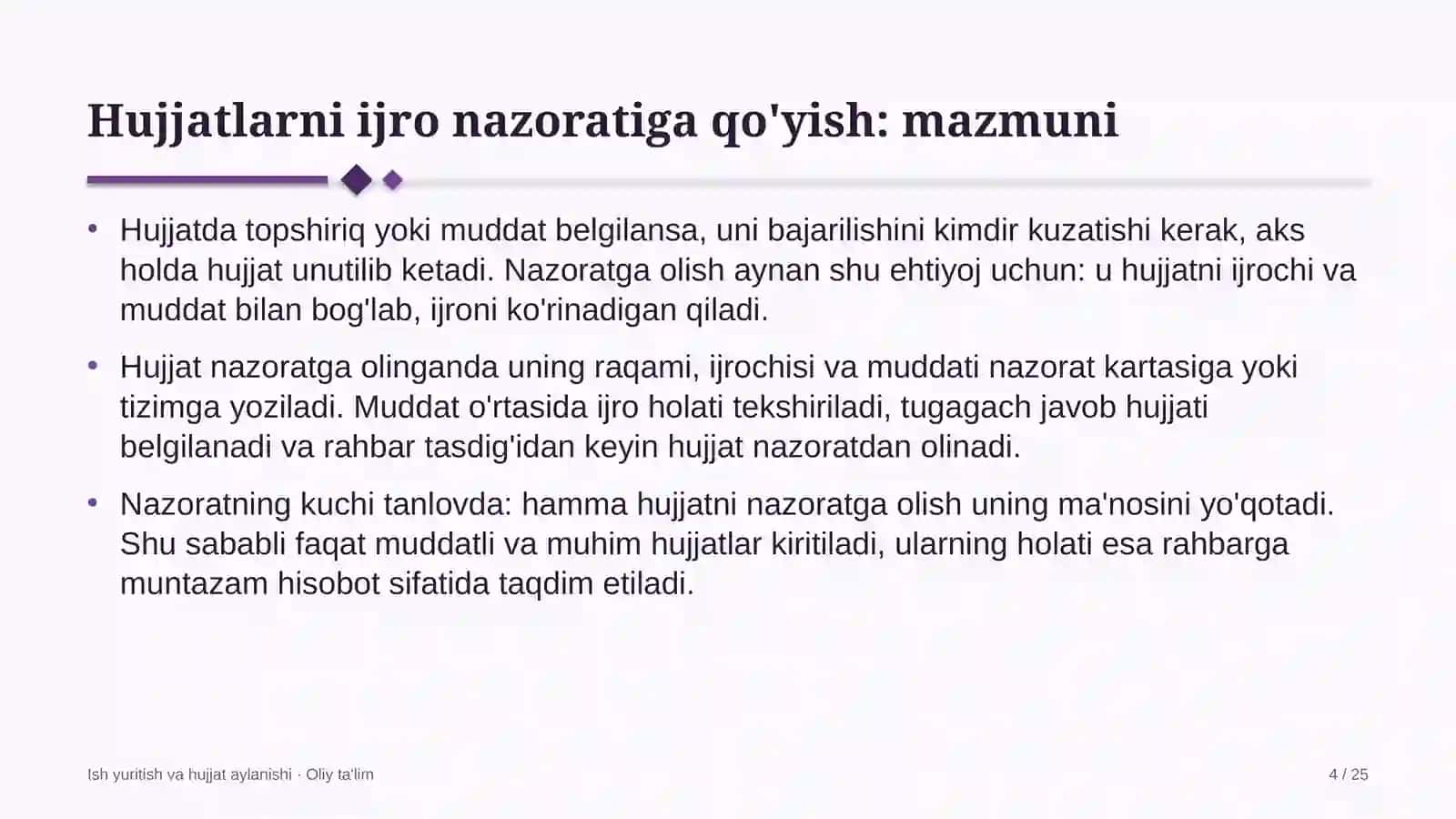 Hujjatlarni ijro nazoratiga qo'yish: mohiyati 4