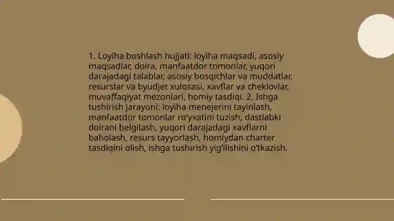 Loyihalarni rejalashtirish, amalga oshirish, nazorat qilish va yakunlash jarayonlari 4