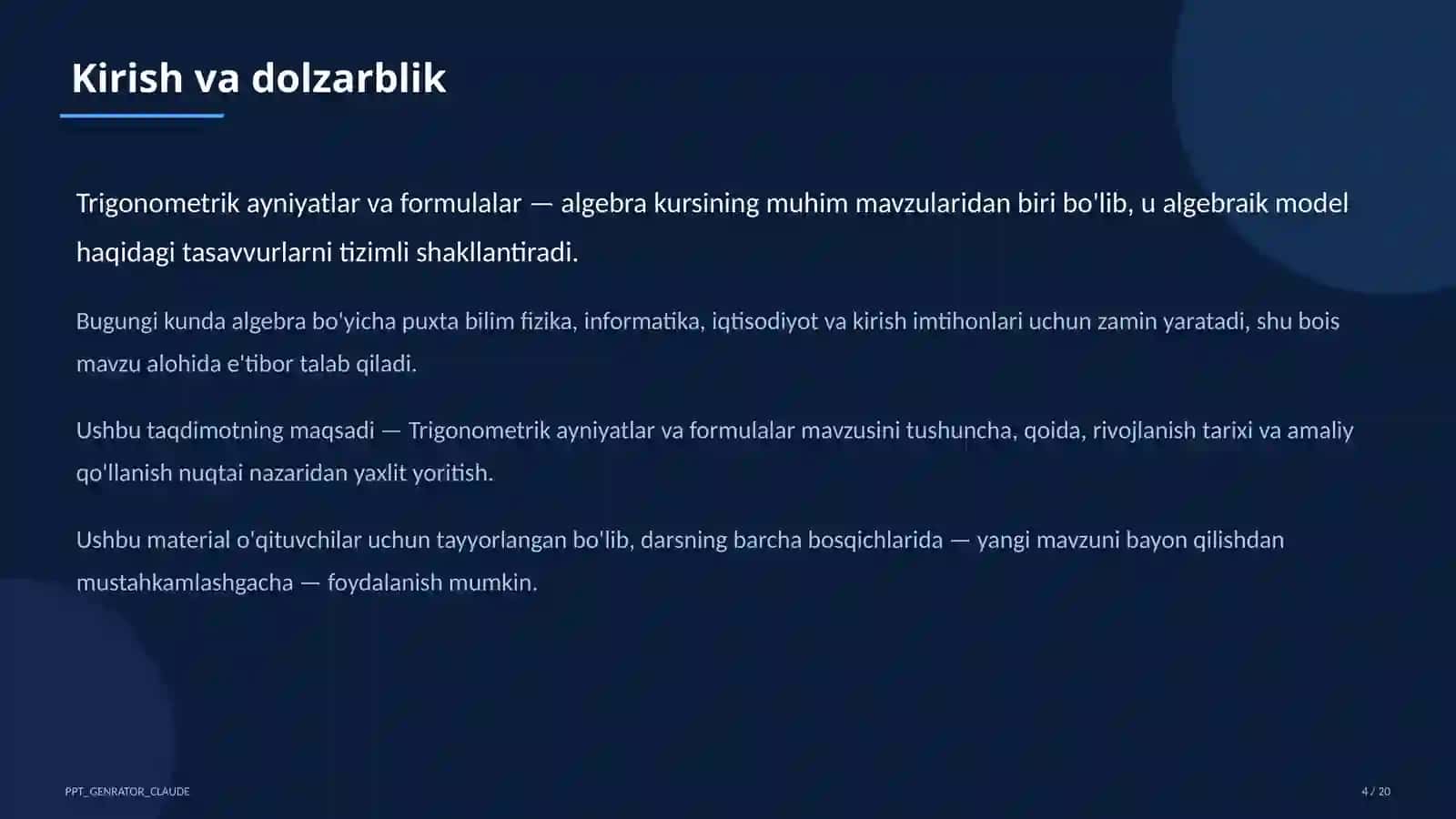 Trigonometrik ayniyatlar va formulalar (10-sinf) 4