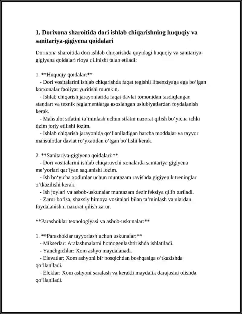 DORIXONA SHAROITIDA DORI ISHLAB CHIQARISH QOIDALARI. PARASHOKLAR TEXNOLOGIYASIDA QOLLANILADIGAN ASBOB USKUNALAR ISHLASH PRINSIPI. DORILARNI OG'IRLIK BO'YICHA DOZALARGA BO'LISH. MAYDALASH VA ARALASHTIRISH ASBOBI ELELAKLAR VA MAYDALIK DARAJASI. HOVONCHA O'LCHAMLARINING MAYDALASH JARAYONIGA TASIRI 4