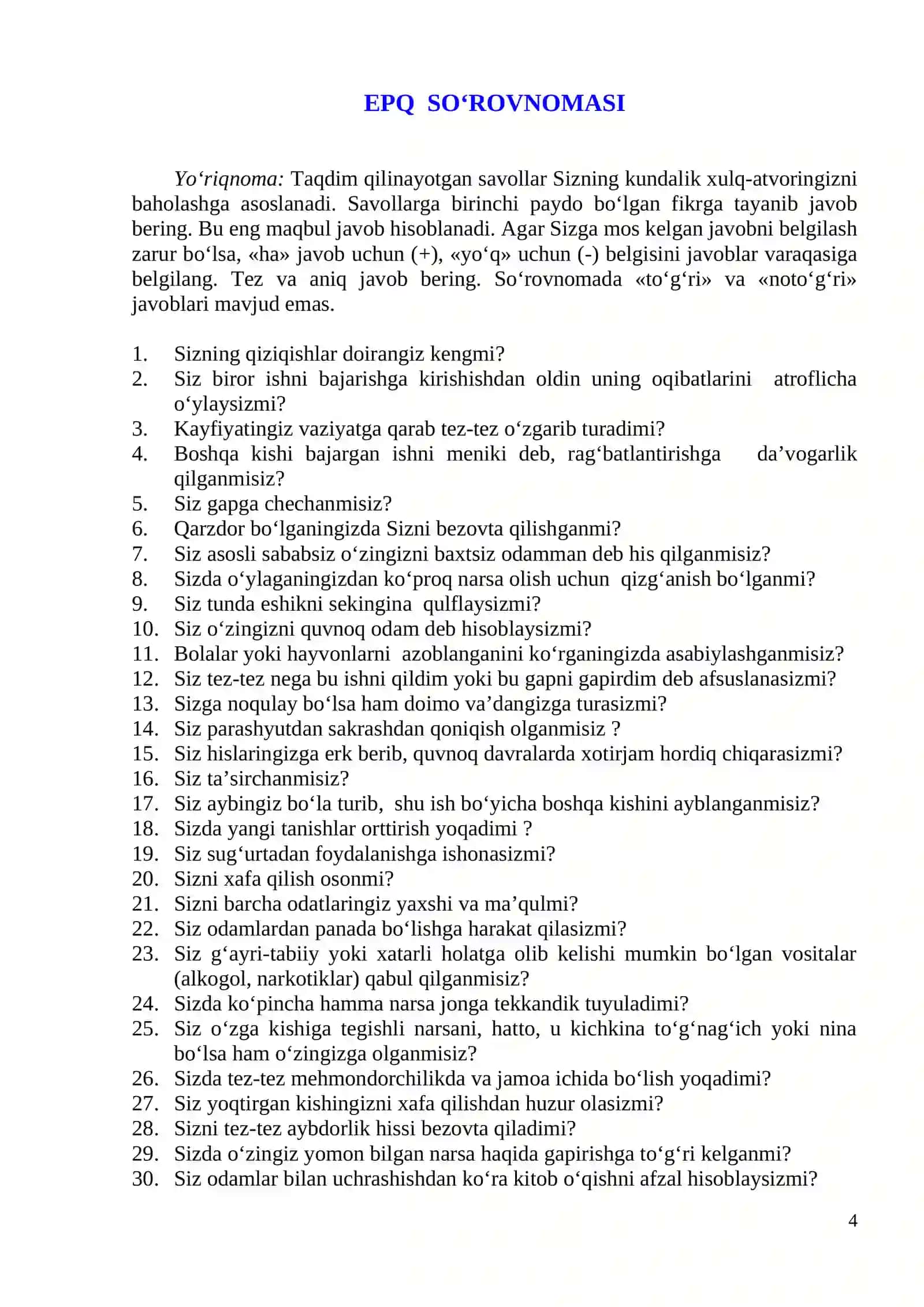 Ayzenkning so‘rovnoma - testi 4