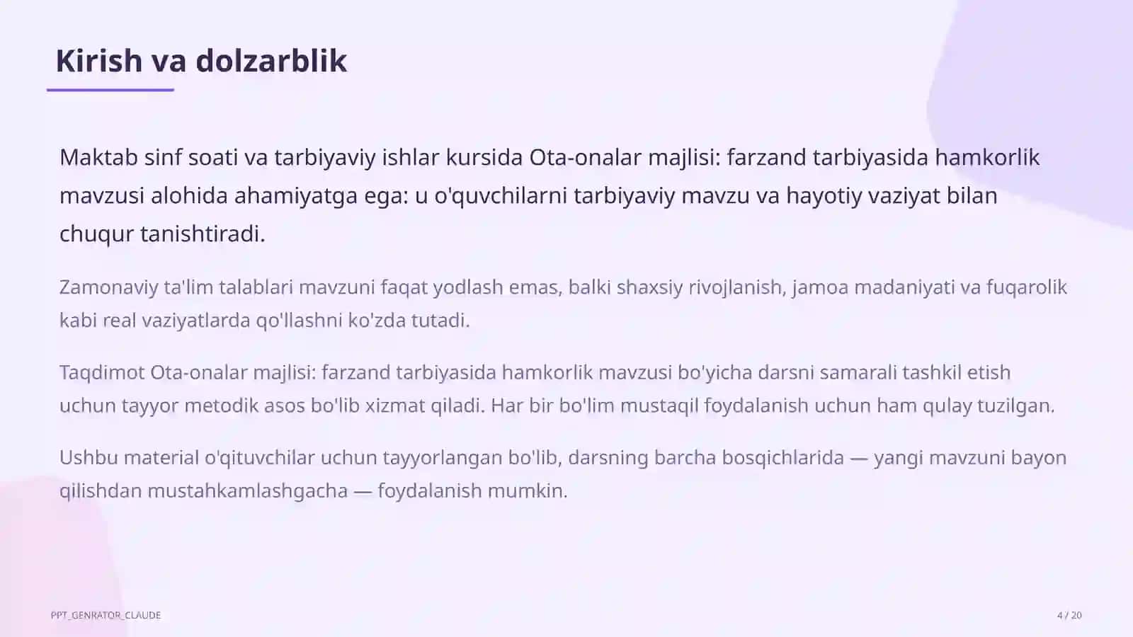 Sinf soati va tarbiyaviy tadbirlar (1–11) — o'qituvchilar uchun 4